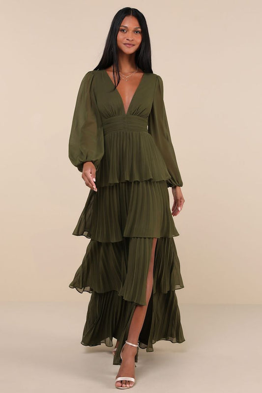 Graceful Finesse Olive Green Pleated Long Sleeve Maxi Dress