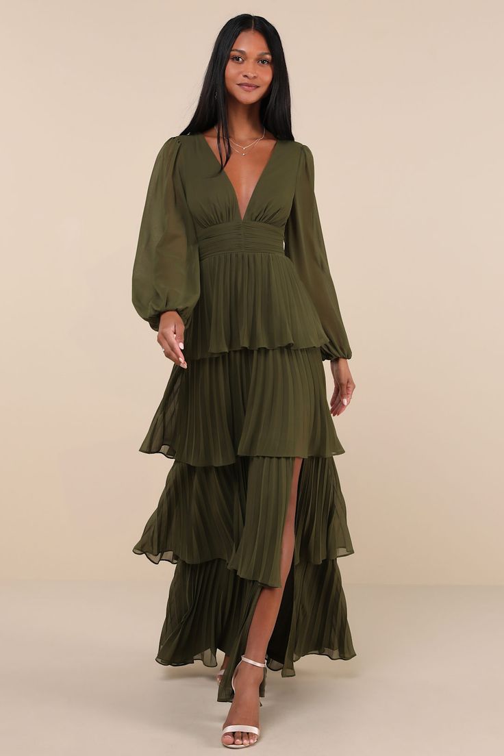 Graceful Finesse Olive Green Pleated Long Sleeve Maxi Dress