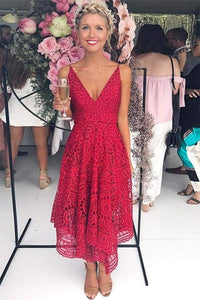 Red V Neck Asymmetrical Prom A Line Cheap Lace Party Bridesmaid Dress