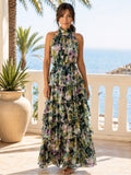 Socialite Dress Socialite Romantic Shimmer Floral Tiered Halter Maxi