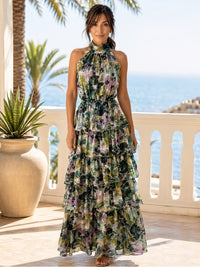 Socialite Dress Socialite Romantic Shimmer Floral Tiered Halter Maxi