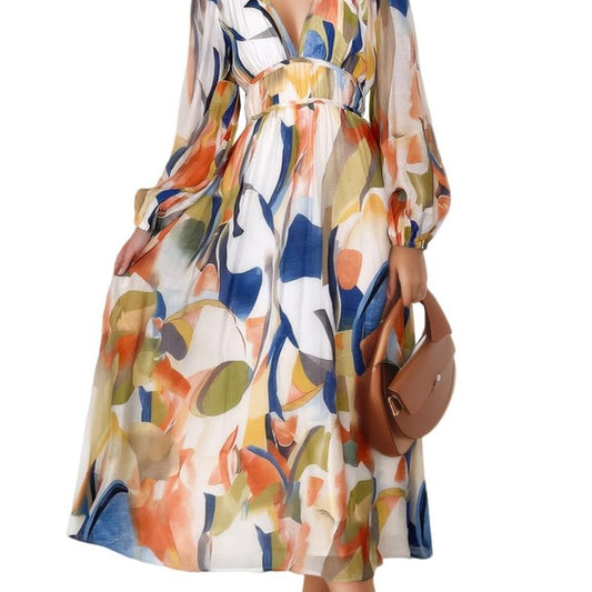 Elegant Multicolor Maxi Dress Color: Orange Pink Size: L