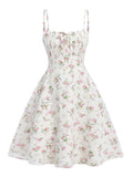 White 1950s Spaghetti Strap Floral A Line Dress
