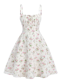White 1950s Spaghetti Strap Floral A Line Dress