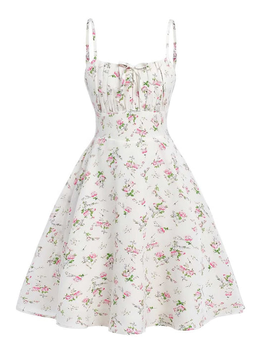 White 1950s Spaghetti Strap Floral A Line Dress