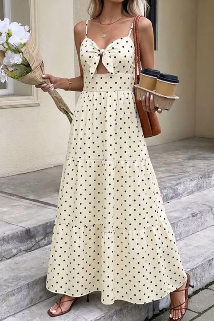 Polka Dot Tie Front Cutout Maxi Dress