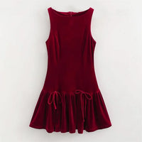Unizera Retro Style Bow Tie Velvet Dress Winter New Round Neck Sleevel