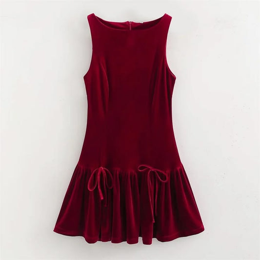 Unizera Retro Style Bow Tie Velvet Dress Winter New Round Neck Sleevel