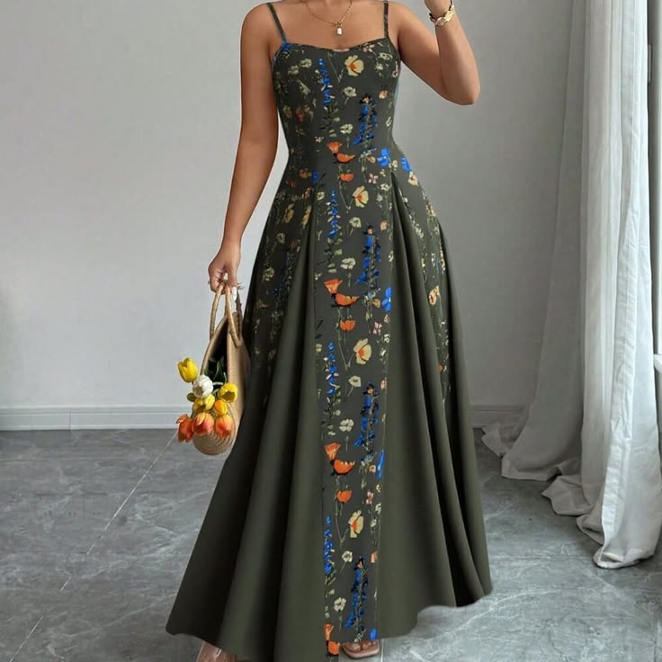 Army Green Boho Women's Elegant Floral Sleeveless Dress Color: Green