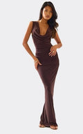 Long Flared Sleeve Drape Detail Mini Bodycon Dress In Burgundy Slinky