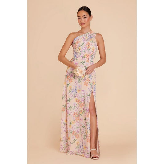 Grey Dress Kira Chiffon Botanical Blooms One Shoulder Dress Bridesmaid