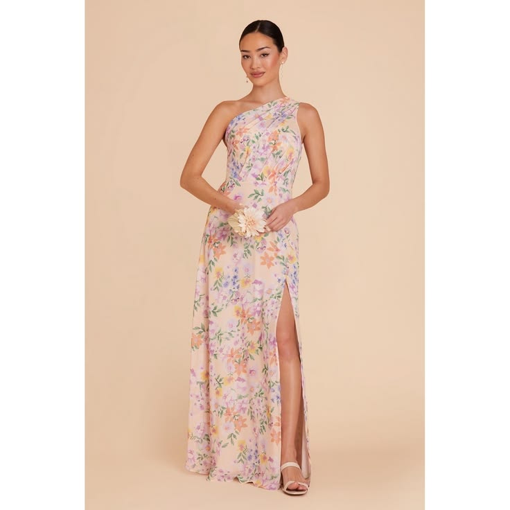 Grey Dress Kira Chiffon Botanical Blooms One Shoulder Dress Bridesmaid