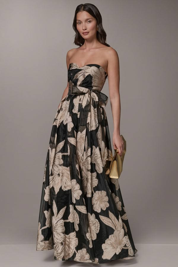 Strapless Sweetheart Metallic Floral Ball Gown