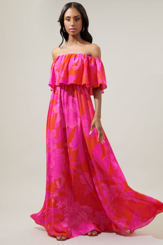 Hana Tropics Enamored Off The Shoulder Ruffle Dress Red Fuchsia Multi