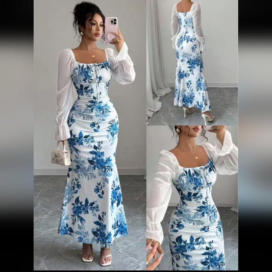Source Unknown Dress Blue And White Tiered Long Sleeve Sundress. Nwot