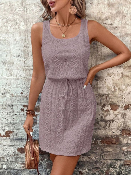 Eyelet Drawstring Round Neck Sleeveless Dress Sage 2Xl