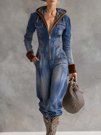 Darcy | Women's Hooded Long Sleeve Zip-Up Jean Jumpsuit