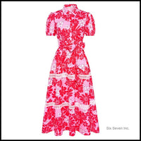 Floral Flowy Maxi Dress With Puff Sleeves Tie Belt Pockets Color: Pink