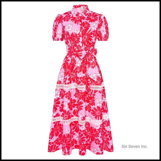 Floral Flowy Maxi Dress With Puff Sleeves Tie Belt Pockets Color: Pink