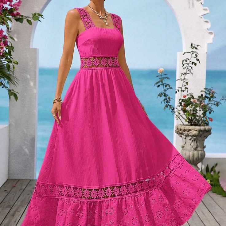 Hot Pink Boho Women's Floral Lace Vacation Slip Dress Color: Pink