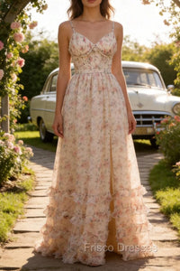 Apricot A Line Print Prom Dress With Slit Apricot