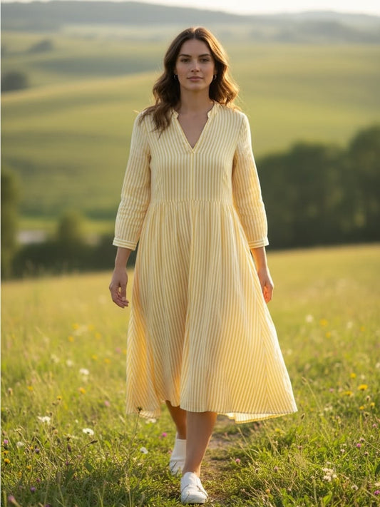 Oak Dress Oak Trellis Pale Yellow Striped Midi Dress Color: White