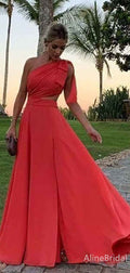 Red One Shoulder A-Line Long Prom Dress