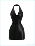Faux Leather Bodycon Halter Mini Dress Draped Cowl Neck Backless Party