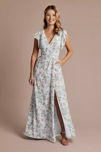 Floral Chiffon Flutter Sleeve V Neck Dress