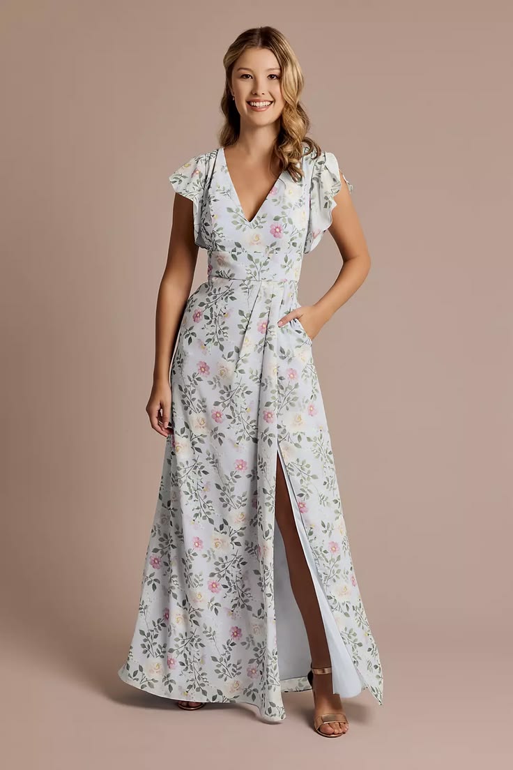 Floral Chiffon Flutter Sleeve V Neck Dress