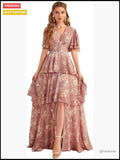 Polyester Bohemian Maxi Dress With V Neck And Ruffle Sleeves Color: