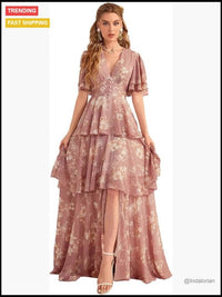 Polyester Bohemian Maxi Dress With V Neck And Ruffle Sleeves Color:
