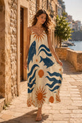 Mediterranean Maxi Dress, Fish Print Resort Dress, Coastal Vacation Outfit, Artistic Beach Sundress