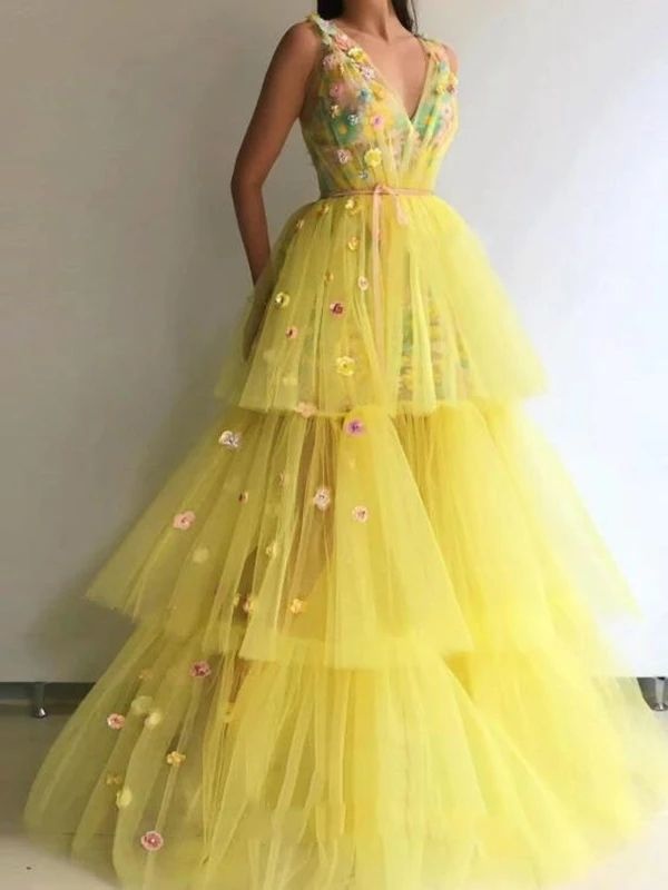 Yellow Tulle Prom Dress V Neck 3D Flower Vintage Evening Dress