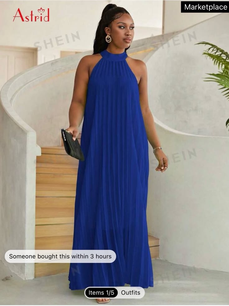 Dress Royal Blue Pleated Halter Maxi Dress Color: Blue Size: 20w