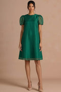 Emerald Green Round Neck A Line Midi Wedding Guest Dress With Short
