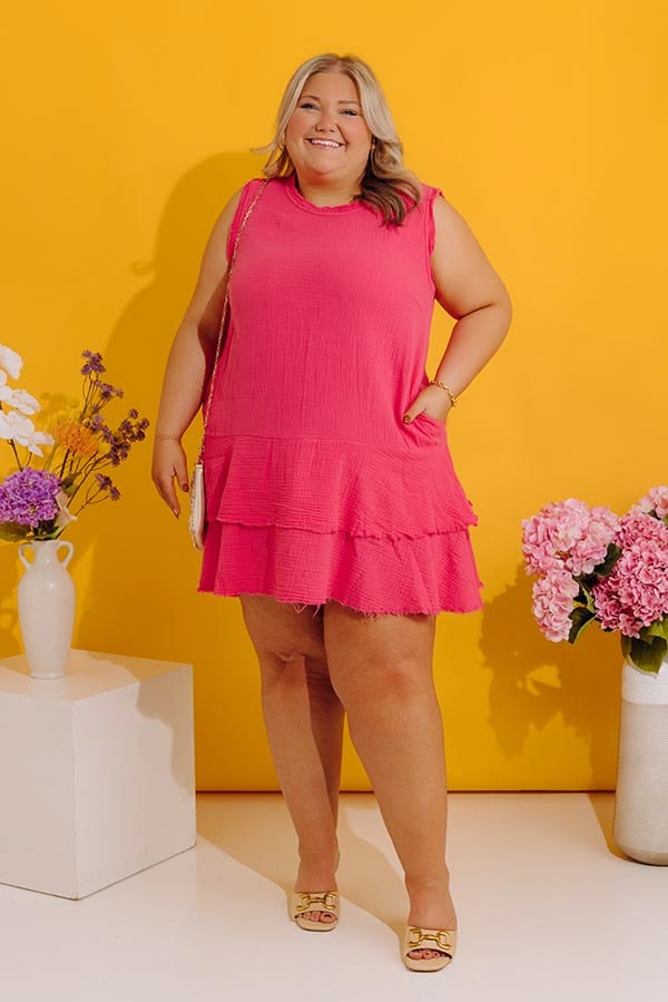 Coastal Sunshine Frayed Gauze Mini Dress In Hot Pink Curves 1Xl Hot