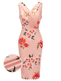 Pink 1960s V Neck Wrap Floral Pencil Dress Pink S