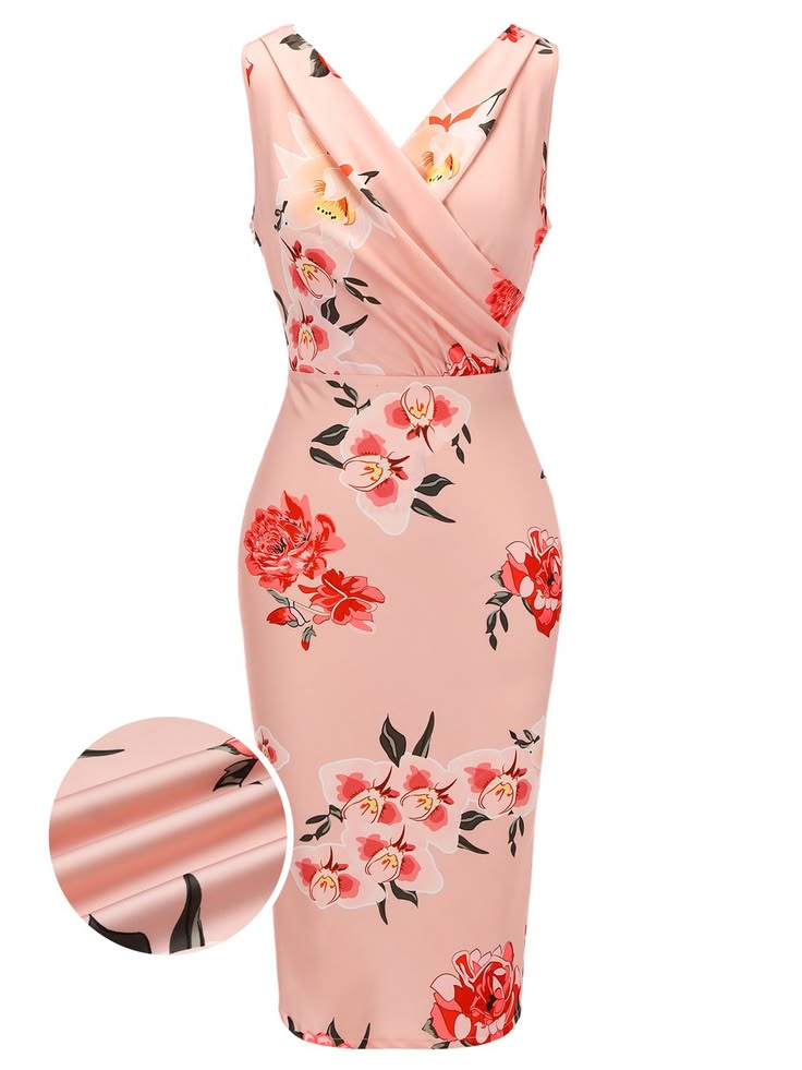 Pink 1960s V Neck Wrap Floral Pencil Dress Pink S