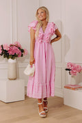 Impressions Online Boutique Stripe Affair Ruffle Midi Dress In Pink