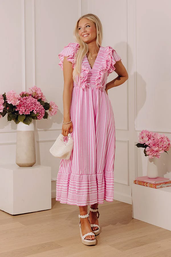 Impressions Online Boutique Stripe Affair Ruffle Midi Dress In Pink