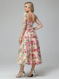 Long Sleeves Floral Lace Tea Length Prom Dress