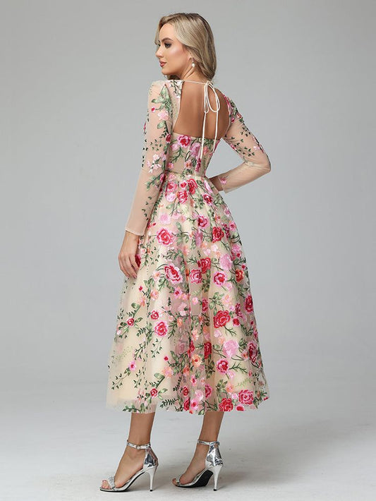Long Sleeves Floral Lace Tea Length Prom Dress