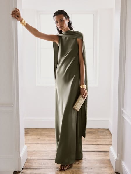 Reiss Atelier Satin Sheer Panel Maxi Dress In Green Reiss