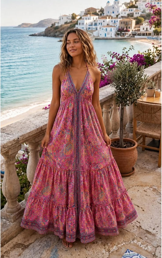 Luma Suri Silk Dress Geometric Ethnic Pattern Open Back Bohemian Maxi,