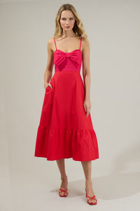Perline Color Block Bow Midi Dress Red Fuchsia