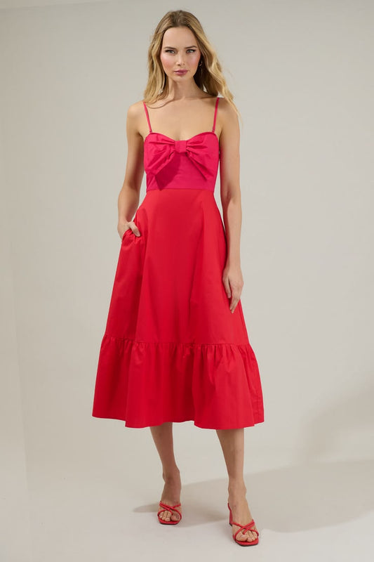 Perline Color Block Bow Midi Dress Red Fuchsia