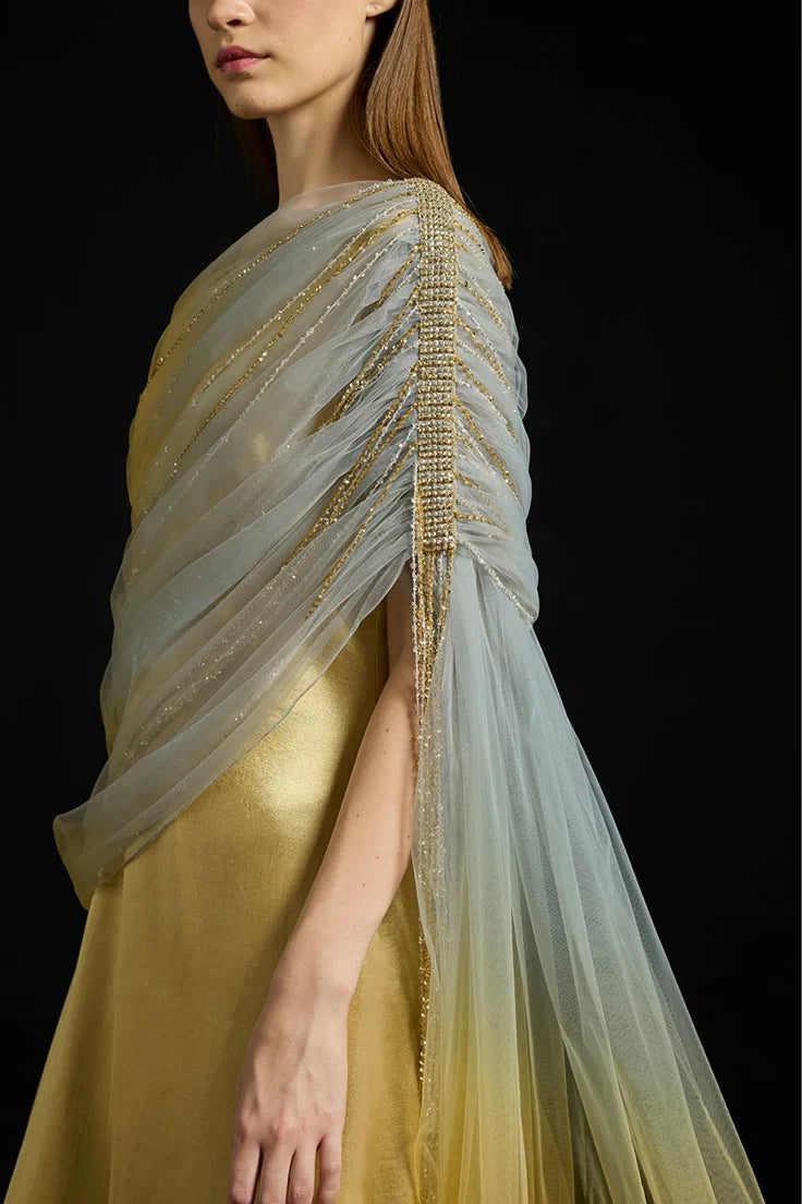 Gathered Draped Tulle Satin Dress Gold