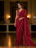 Red Mirror Work Saree For Women, Faux Georgette Designer Saree,