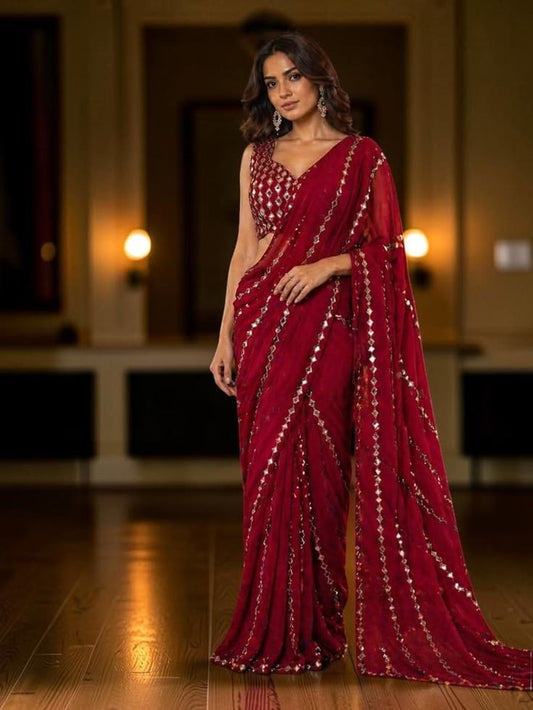 Red Mirror Work Saree For Women, Faux Georgette Designer Saree,